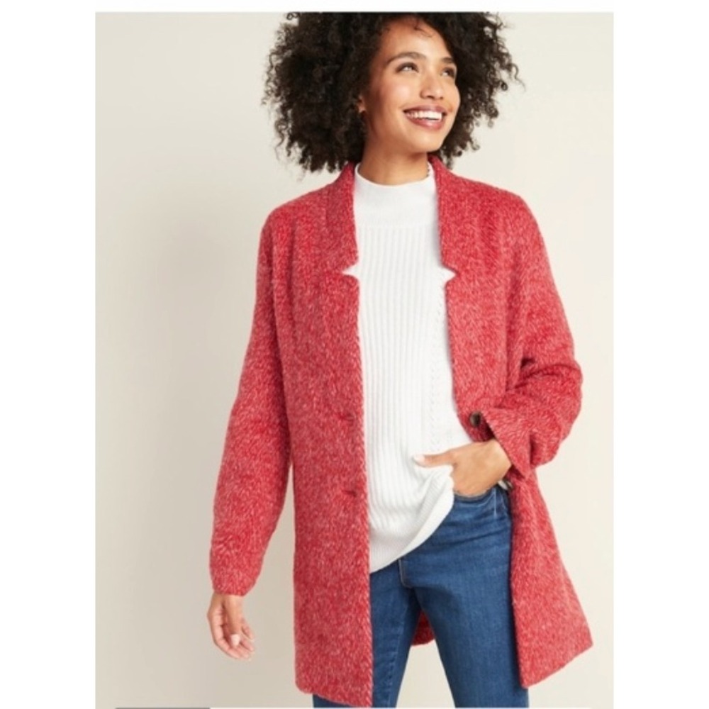 Old Navy Womens Red Cardi Textured Knit Notch Lapel Coatigan Jacket Size M NEW
